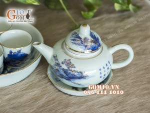 Bộ ấm chén dáng quả hồng men rong cổ - Vẽ vàng 24k