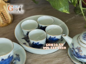 Bộ ấm chén dáng quả hồng men rong cổ - Vẽ vàng 24k