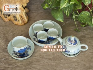 Bộ ấm chén dáng quả hồng men rong cổ - Vẽ vàng 24k