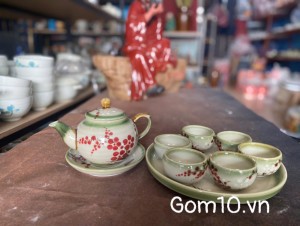 Bộ ấm chén dáng quả hồng men vuốt vẽ hoa đào khay tròn, 300ml