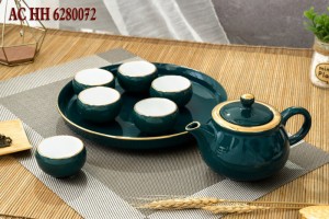 Bộ ấm chén dáng quả hồng men xanh cổ vịt chỉ vàng kim khay tròn 