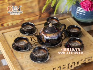 Bộ ấm chén dáng quả hồng vàng men hỏa biến 350ml