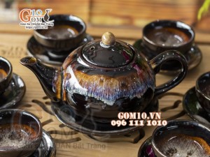 Bộ ấm chén dáng quả hồng vàng men hỏa biến 350ml