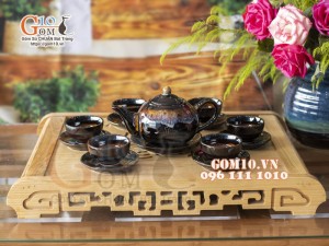 Bộ ấm chén dáng quả hồng vàng men hỏa biến 350ml