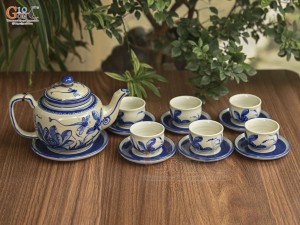 Bộ ấm chén dáng quai vuông men cổ vẽ chuồn sen xanh lam, 350ml