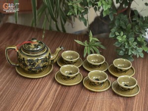 Bộ ấm chén dáng quai vuông men cổ vẽ hoa dây màu vàng rêu, 350ml