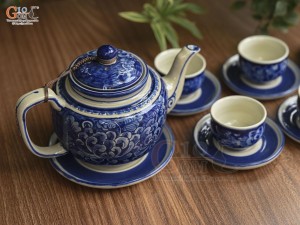 Bộ ấm chén dáng quai vuông men cổ vẽ hoa phù dung nền băng, 350ml