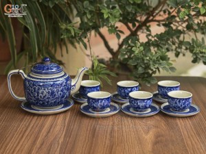 Bộ ấm chén dáng quai vuông men cổ vẽ hoa phù dung nền băng, 350ml