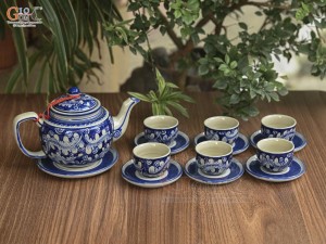 Bộ ấm chén dáng quai vuông men cổ vẽ lá nền băng, 350ml