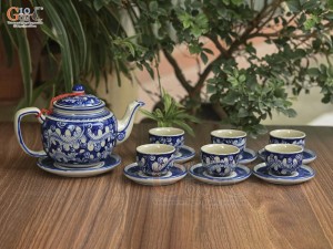 Bộ ấm chén dáng quai vuông men cổ vẽ lá nền băng, 350ml