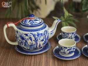 Bộ ấm chén dáng quai vuông men cổ vẽ Sen xanh lam, 350ml