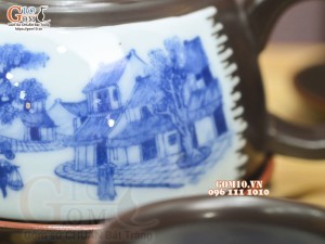 Bộ ấm chén dáng rỏ cua men nâu chỉ đỏ cảnh Phố Cổ, 400ml