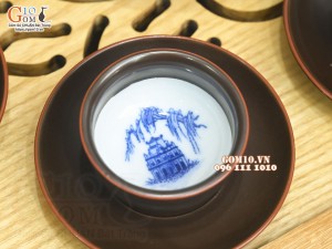 Bộ ấm chén dáng rỏ cua men nâu chỉ đỏ cảnh Phố Cổ, 400ml