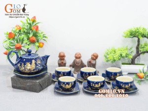 Bộ ấm chén dáng rùa men hỏa biến họa tiết Kim Kê Đại Cát vàng kim, 260ml