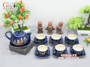 Bộ ấm chén dáng rùa men hỏa biến họa tiết Kim Kê Đại Cát vàng kim, 260ml