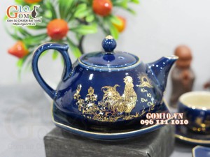 Bộ ấm chén dáng rùa men hỏa biến họa tiết Kim Kê Đại Cát vàng kim, 260ml