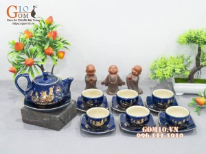 Bộ ấm chén dáng rùa men hỏa biến họa tiết Kim Kê Đại Cát vàng kim, 260ml