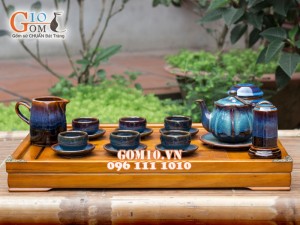 Bộ ấm chén dáng sen xanh đề bon, đầy đủ phụ kiện