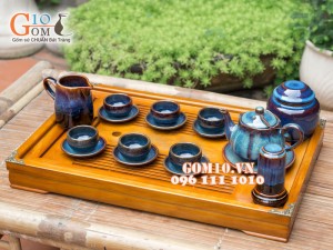 Bộ ấm chén dáng sen xanh đề bon, đầy đủ phụ kiện