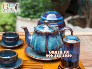 Bộ ấm chén dáng sen xanh đề bon, đầy đủ phụ kiện