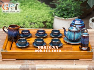 Bộ ấm chén dáng sen xanh đề bon, đầy đủ phụ kiện