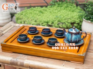 Bộ ấm chén dáng sen xanh đề bon