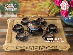 Bộ ấm chén dáng siêu vàng men hỏa biến 500ml