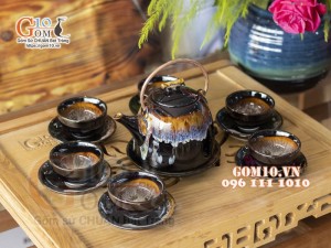 Bộ ấm chén dáng siêu vàng men hỏa biến 500ml