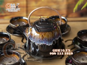 Bộ ấm chén dáng siêu vàng men hỏa biến 500ml