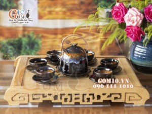 Bộ ấm chén dáng siêu vàng men hỏa biến 500ml