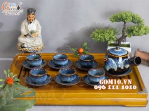 Bộ ấm chén dáng quai ngang men hỏa biến xanh đá, 350ml