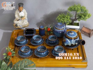 Bộ ấm chén dáng quai ngang men hỏa biến xanh đá đầy đủ phụ kiện 350ml
