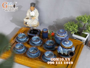 Bộ ấm chén dáng quai ngang men hỏa biến xanh đá đầy đủ phụ kiện 350ml