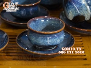 Bộ ấm chén dáng quai ngang men hỏa biến xanh đá đầy đủ phụ kiện 350ml