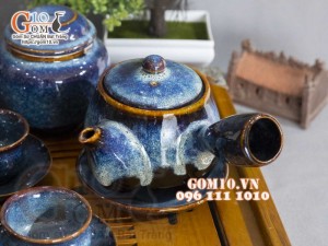 Bộ ấm chén dáng quai ngang men hỏa biến xanh đá đầy đủ phụ kiện 350ml