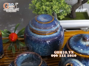 Bộ ấm chén dáng quai ngang men hỏa biến xanh đá đầy đủ phụ kiện 350ml