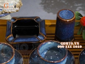 Bộ ấm chén dáng quai ngang men hỏa biến xanh đá đầy đủ phụ kiện 350ml