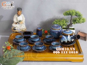 Bộ ấm chén dáng quai ngang men hỏa biến xanh đá đầy đủ phụ kiện 350ml