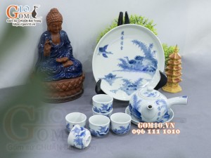 Bộ ấm chén dáng quai ngang men lam cổ vẽ Phi Minh Túc Thực khay tròn, 280ml