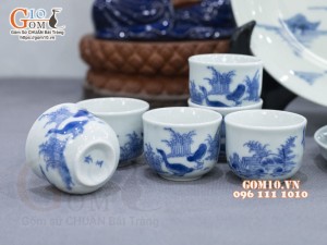 Bộ ấm chén dáng quai ngang men lam cổ vẽ Phi Minh Túc Thực khay tròn, 280ml