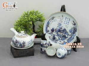 Bộ ấm chén dáng quai ngang vẽ vàng 24k họa tiết Trúc Lâm Thất Hiền, 280ml