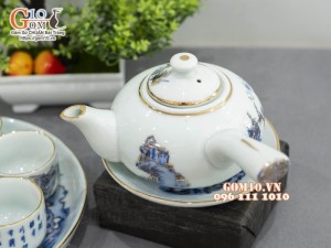 Bộ ấm chén dáng quai ngang vẽ vàng 24k họa tiết Trúc Lâm Thất Hiền, 280ml