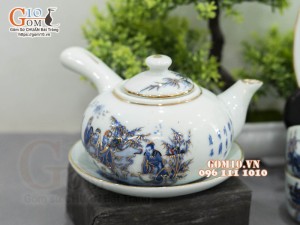 Bộ ấm chén dáng quai ngang vẽ vàng 24k họa tiết Trúc Lâm Thất Hiền, 280ml