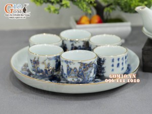 Bộ ấm chén dáng quai ngang vẽ vàng 24k họa tiết Trúc Lâm Thất Hiền, 280ml