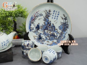 Bộ ấm chén dáng quai ngang vẽ vàng 24k họa tiết Trúc Lâm Thất Hiền, 280ml