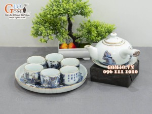 Bộ ấm chén dáng quai ngang vẽ vàng 24k họa tiết Trúc Lâm Thất Hiền, 280ml