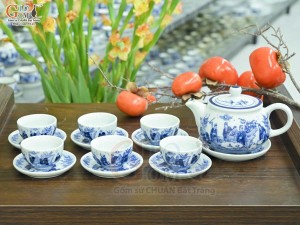 Bộ ấm chén dáng thấp men lam cổ cảnh Trúc Lâm Thất Hiền, 300ml