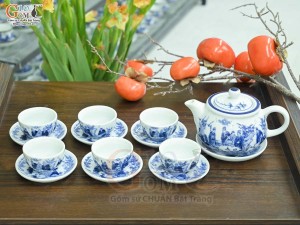 Bộ ấm chén dáng thấp men lam cổ cảnh Trúc Lâm Thất Hiền, 300ml