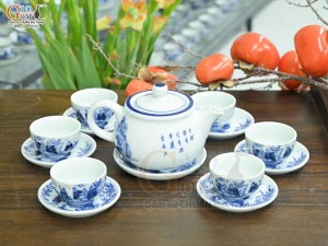 Bộ ấm chén dáng thấp men lam cổ cảnh Trúc Lâm Thất Hiền, 300ml