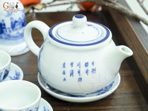 Bộ ấm chén dáng thấp men lam cổ cảnh Trúc Lâm Thất Hiền đầy đủ phụ kiện, 300ml